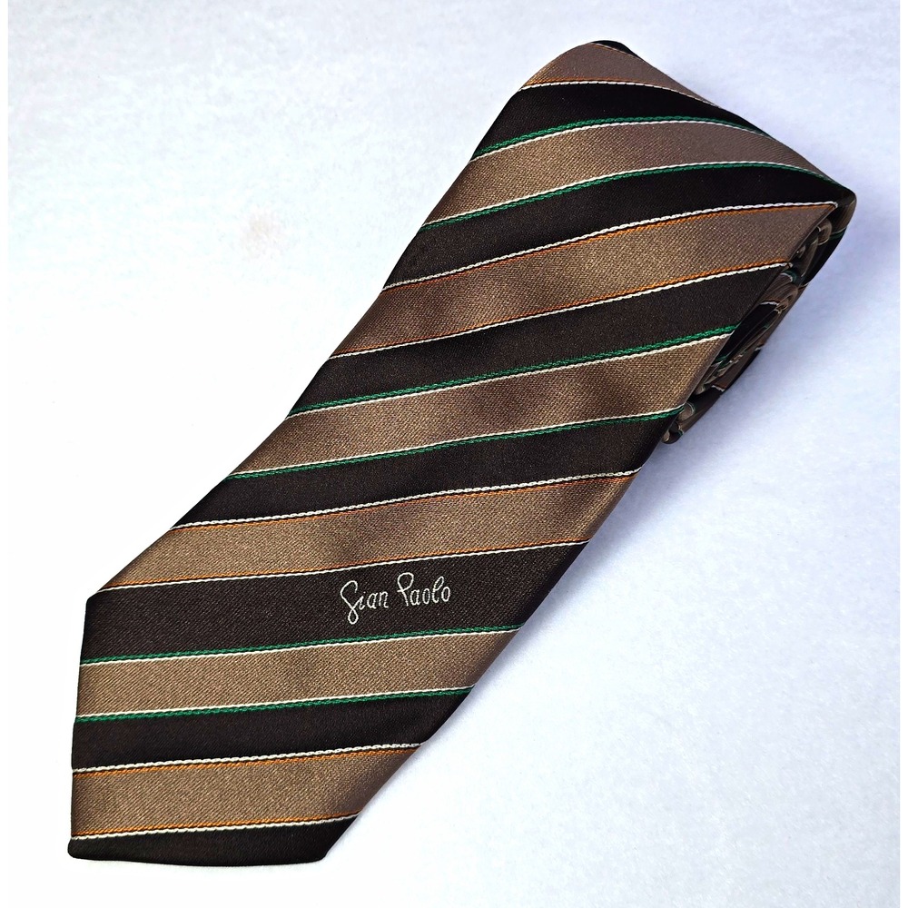 Vintage Gian Paolo Men's Striped Brown Green Necktie Logo - 56"